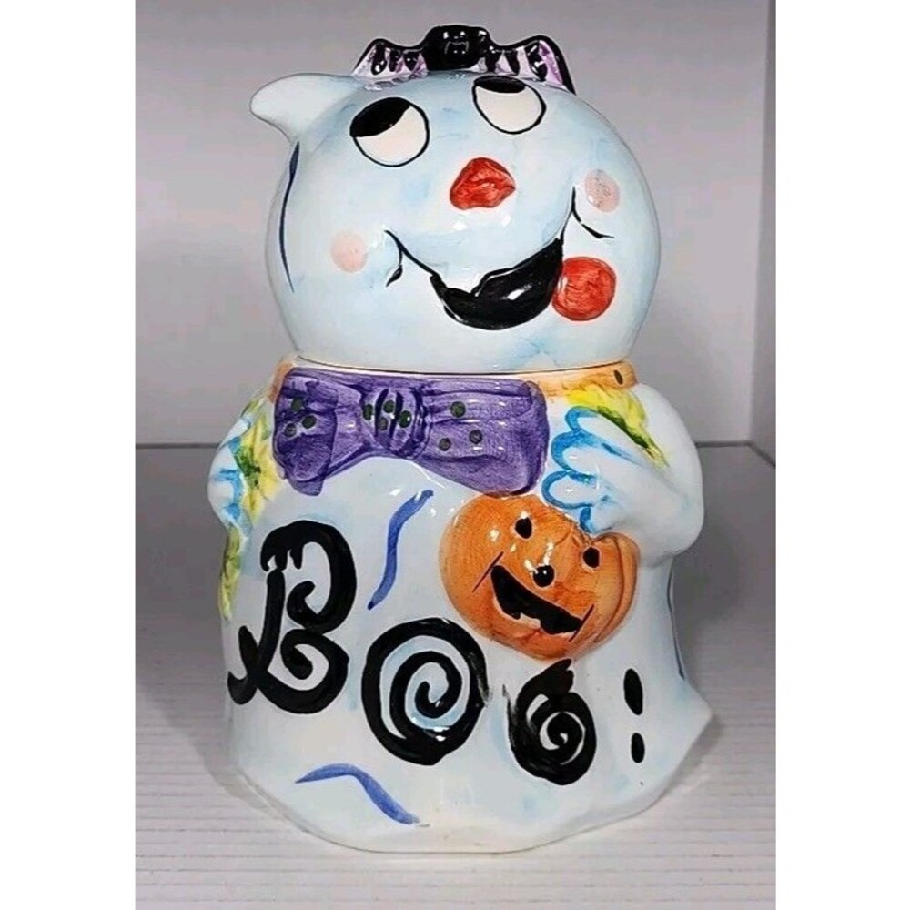 Vintage Hand Painted Ceramic Halloween Cute/Goofy Ghost Cookie/Candy Jar